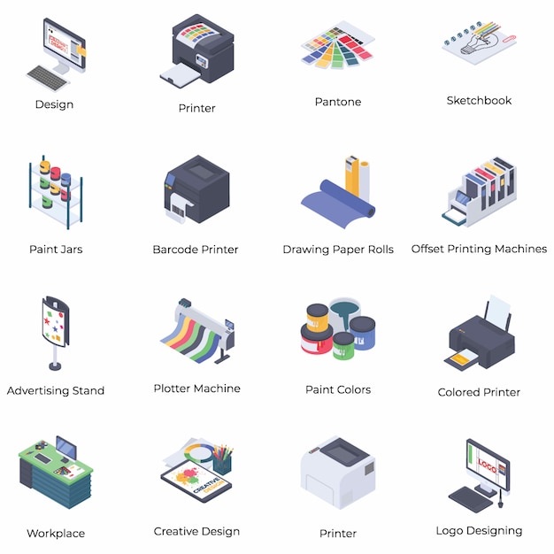 Impressão e design gráfico ícones isométricos