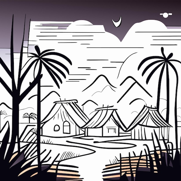 Vetor impressão em bloco de vila fazenda desenhada à mão plana e elegante conceito de ícone de adesivo de desenho animado isolado