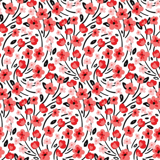 Impressão floral fofa com pequenas flores rosa e vermelhas deixa padrão sem costura com um prado florido em um fundo branco design moderno para impressão ilustração vetorial