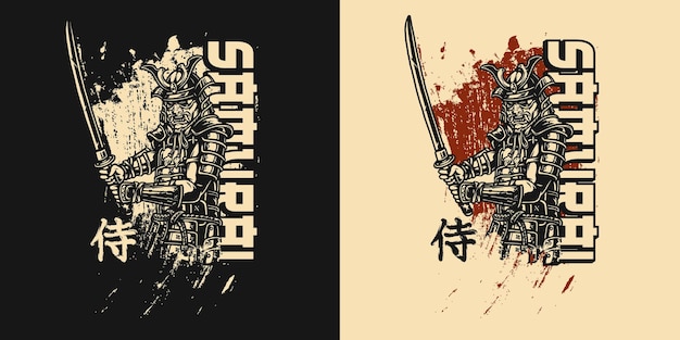 Impressão vintage de samurai com guerreiro japonês em armadura e capacete segurando katana.