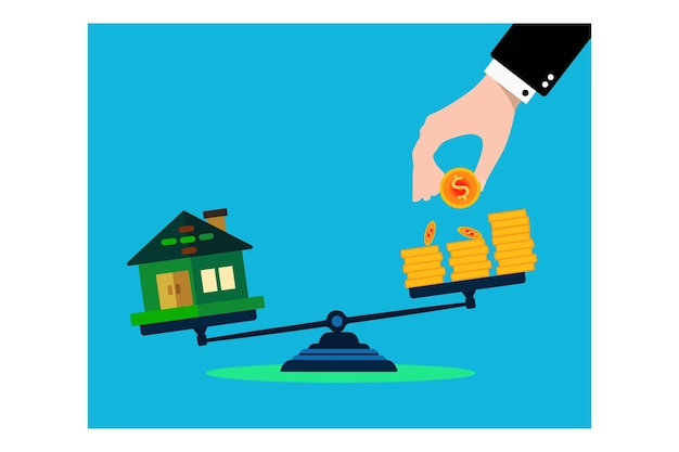 Impressionante ilustração vetorial de balanças equilibrando uma casa e moedas de ouro para investimento imobiliário