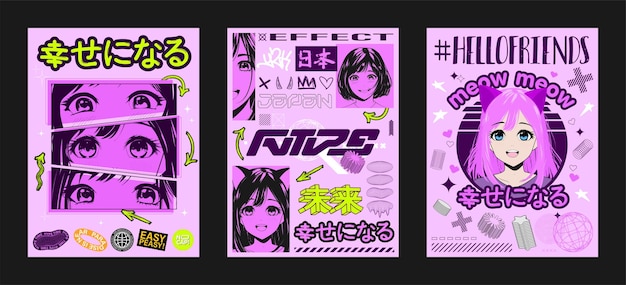 Impressões de mangá de pôsteres de anime para tipografia com rostos de meninas e elementos de y2k slogan japonês