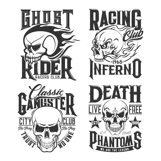 Impressões de t-shirt com mascote de vetor de crânio para o emblema da sociedade do clube de pilotos ou motociclistas com crânio, cabeça de morte em chamas. Impressão de camiseta, tatuagem ou emblema monocromático ou etiqueta com tipografia ghost rider