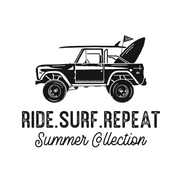 Imprima com pickup vintage e prancha de surf