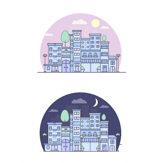 Vetor imprimir a cidade rua dia e noite ilustração vetorial urbano