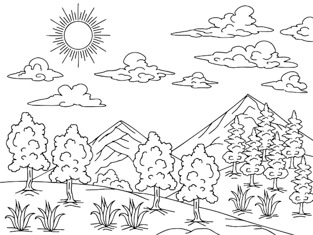 Vetor imprimir desenho natureza paisagem contorno para colorir página
