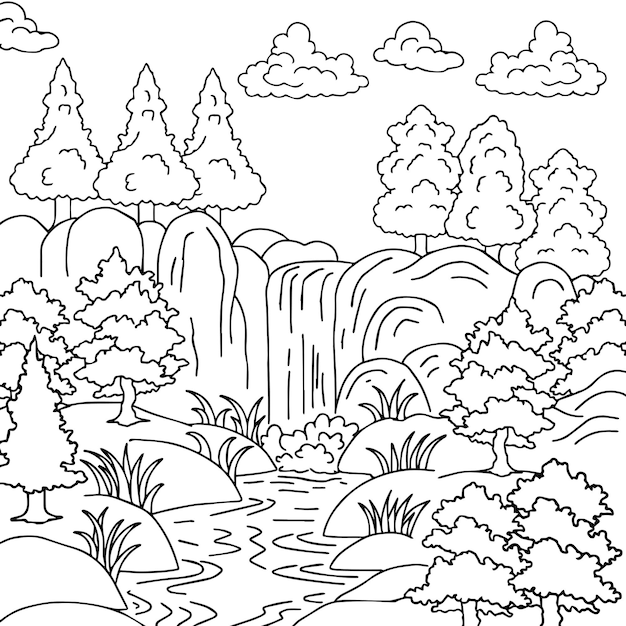 Imprimir desenho natureza paisagem contorno para colorir página