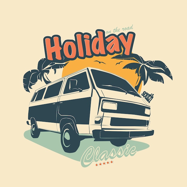 imprimir para camiseta cartaz cartão postal Viagem van palmas e texto Minivan estilo Hippie de férias para viagens