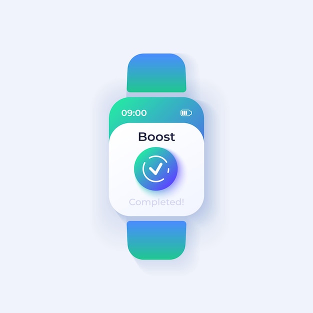 Impulsione o modelo de vetor de interface smartwatch concluído. design de modo de dia de notificação de aplicativo móvel. tela de mensagem de otimização de memória. ui plana para aplicação. marca de verificação na tela do relógio inteligente