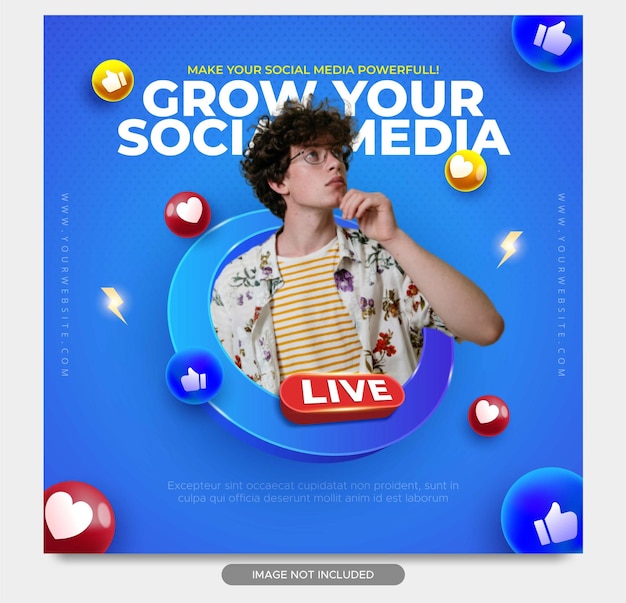 Impulsione seu Facebook ao vivo com marketing de mídia social. Modelo de postagem do Instagram.