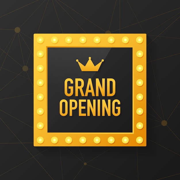 Inauguração: banner espumante. elemento de design do modelo com sinal dourado para nova cerimônia de abertura da loja.