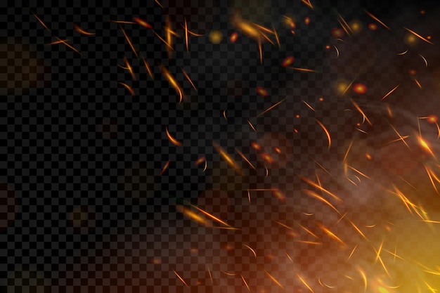 Incêndio. Faíscas de fogo voando sobre fundo transparente. Fumaça e partículas brilhantes em preto. Iluminação realista acende com efeito bokeh para design. Ilustração vetorial.