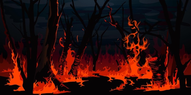 Vetor incêndio florestal queimando árvores à noite incêndio florestal