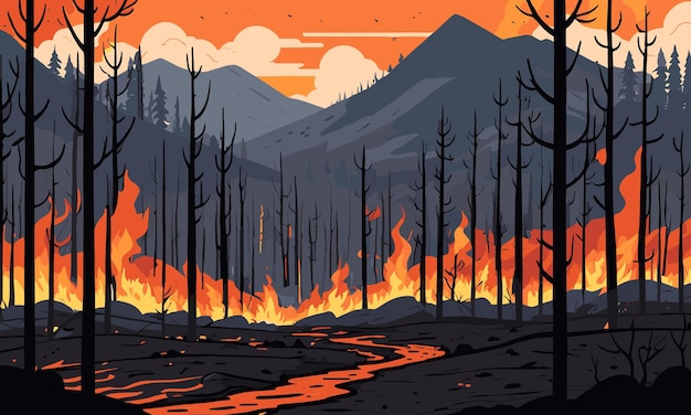 Incêndios florestais induzidos pelo aquecimento global em ilustração vetorial plana 2d