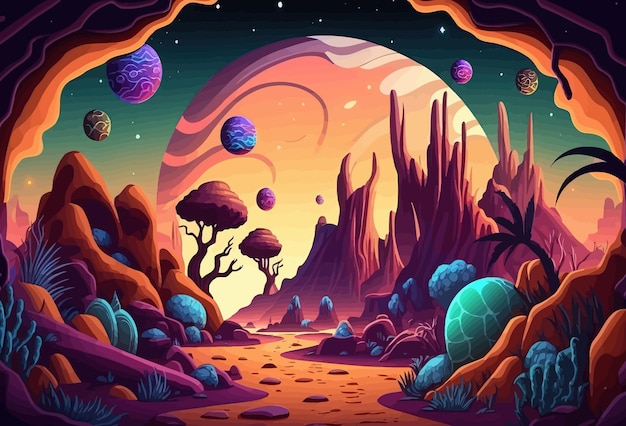 Incrível mundo de fantasia fantasia outro planeta galáxia abstração cores brilhantes organismos vivos incomuns céu novo mundo alienígenas arte conceitual conceito de fantasia ilustração vetorial