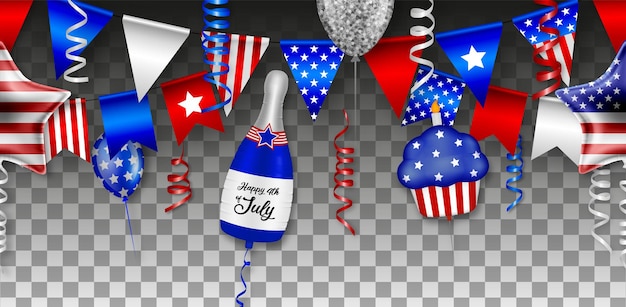 Vetor independência americana perfeita com flâmulas de balões e flâmulas