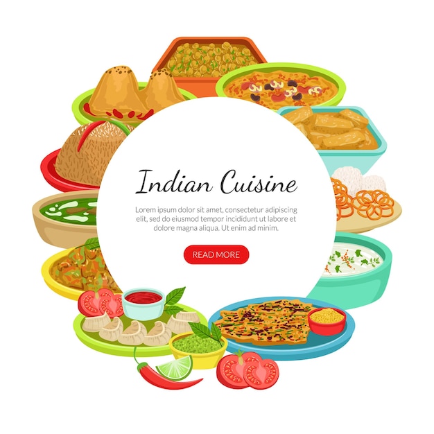 Indian Food Landing Page Template com pratos tradicionais da culinária asiática e espaço para texto Takeaway Meal Restaurant or Cafe Design Vector Illustration