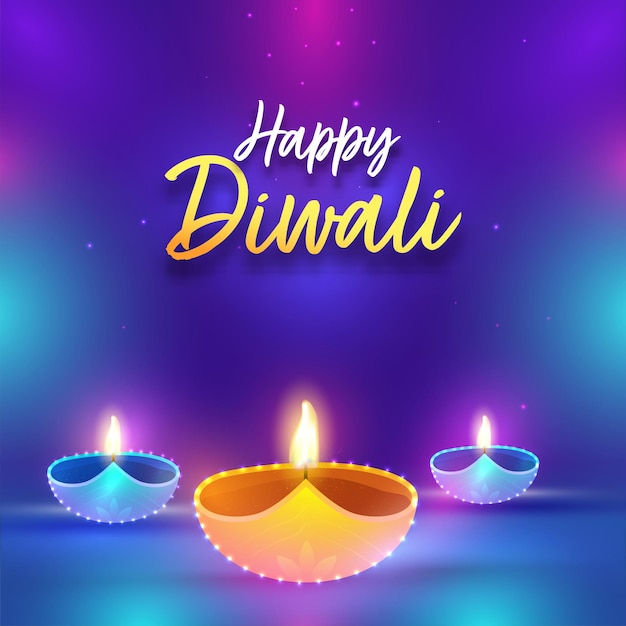Indian Light Festival Happy Diwali com lâmpadas iluminadas a óleo sobre fundo gradiente brilhante