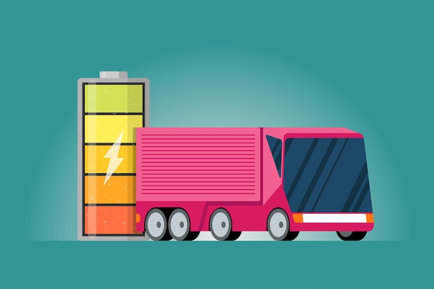 Indicador de energia carregada de bateria de alta potência elétrica com ícone de relâmpago e caminhão elétrico rosa