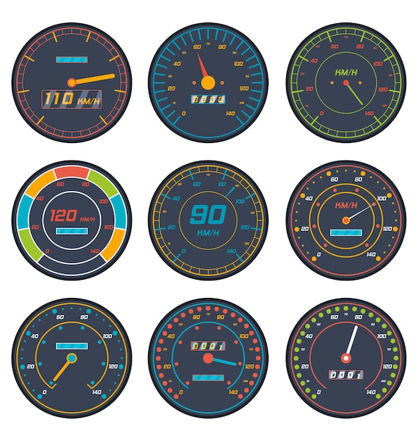Indicador de nível do velocímetro do carro Ícone de sinais do motor de velocidade definido em estilo plano para vetor de transporte