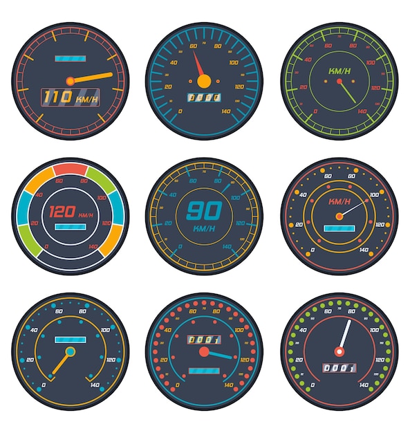 Indicador de nível do velocímetro do carro ícone de sinais do motor de velocidade definido em estilo plano para vetor de transporte