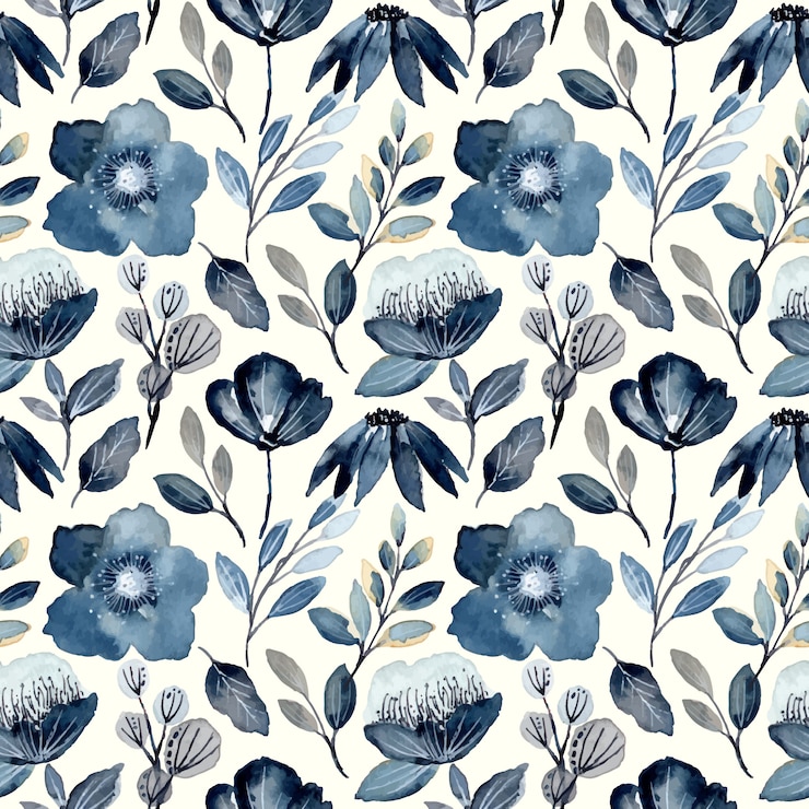 Vetor índigo aquarela floral padrão sem emenda