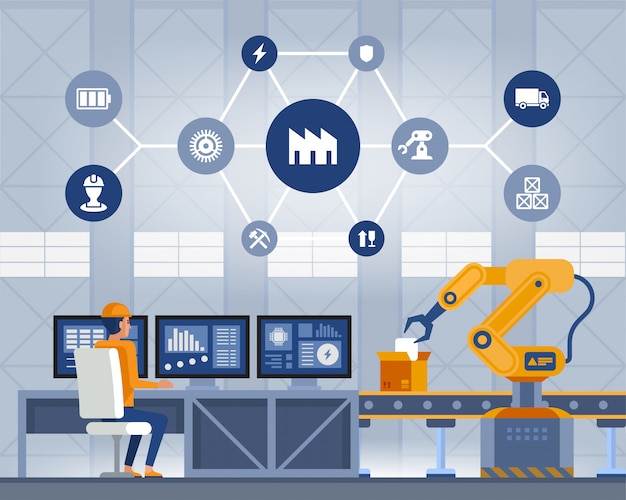 Indústria 4.0 conceito de fábrica inteligente. trabalhadores, braços robóticos e linha de montagem. ilustração de tecnologia