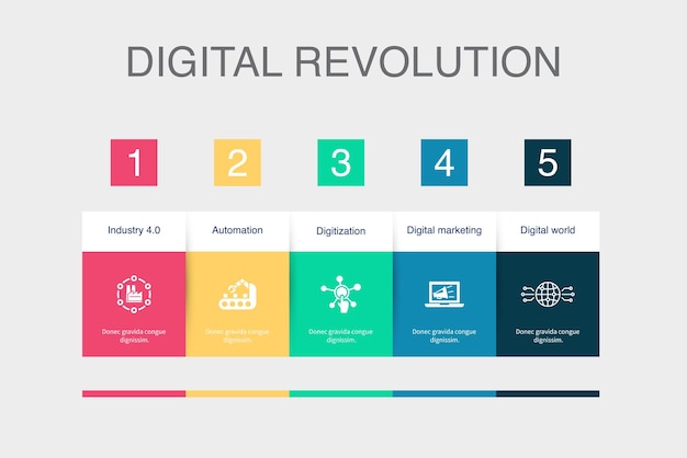 Indústria 40 digitalização de automação marketing digital ícones do mundo digital modelo de layout de design infográfico conceito de apresentação criativa com 5 etapas