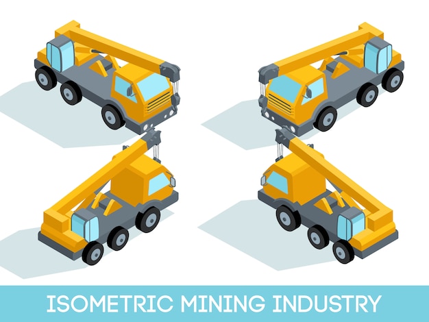 Indústria de mineração 3d isométrica, equipamentos de mineração e veículos isolaram de ilustração vetorial