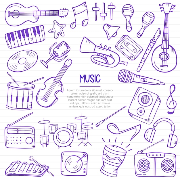 Vetor indústria musical doodle desenhado à mão com estilo de contorno na linha de livros de papel