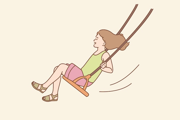 Infância feliz, conceito de atividades de verão. jovem sorridente sentada andando no balanço do verão se divertindo ao ar livre ilustração vetorial