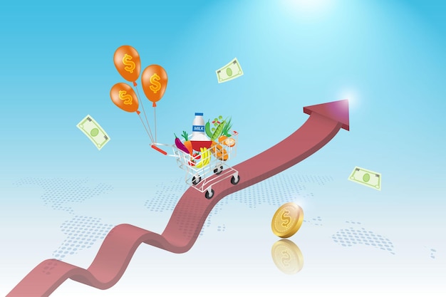 Inflação de alimentos e escala de indicador econômico de custo de vida de crise carrinho de carrinho de supermercado com inflação de balão de dólar no indicador gráfico alto no mapa do mundo aumento do custo dos alimentos e preço do supermercado