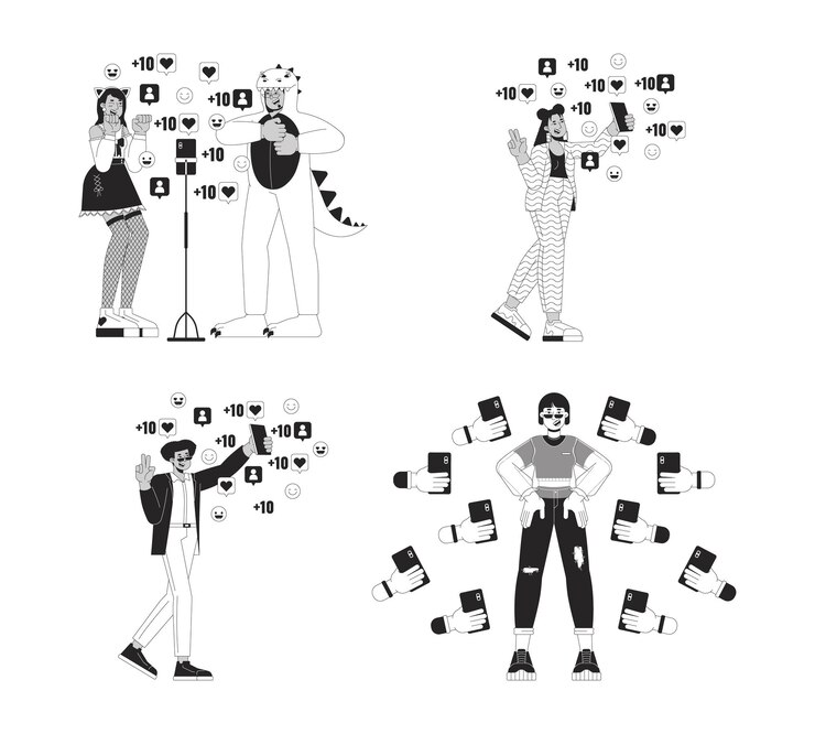 Vetor influencers virais nas mídias sociais conjunto de conceitos de ilustração em 2d em preto e branco