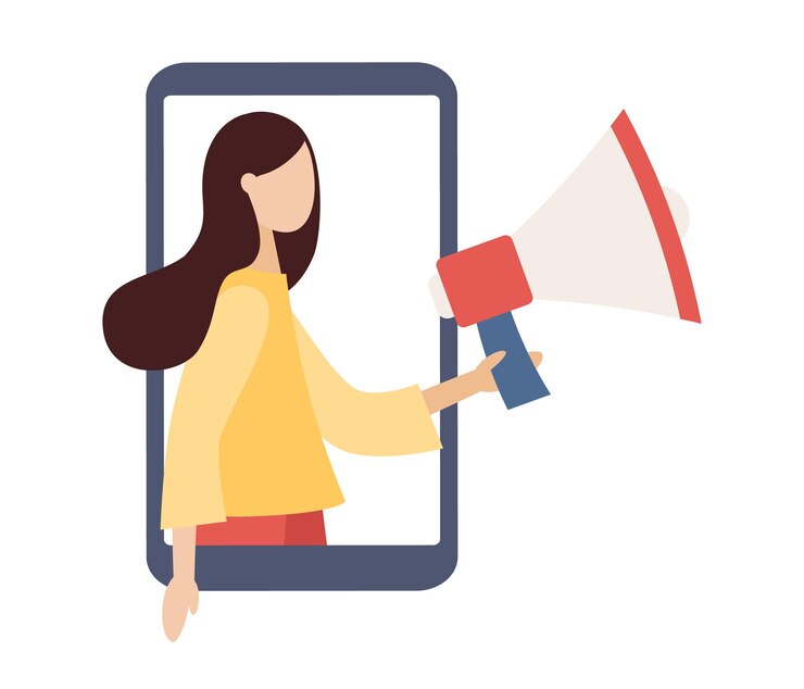 Influenciador de mídia social. Blogger com megafone na tela do smartphone. Líder de opinião chave. KOL. SMM