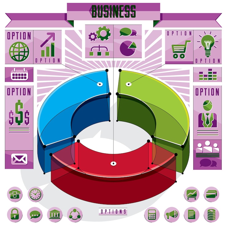 Vetor infografia criativa composição conceitual, ideia de círculo de três setores 3d, ilustração de layout vetorial.