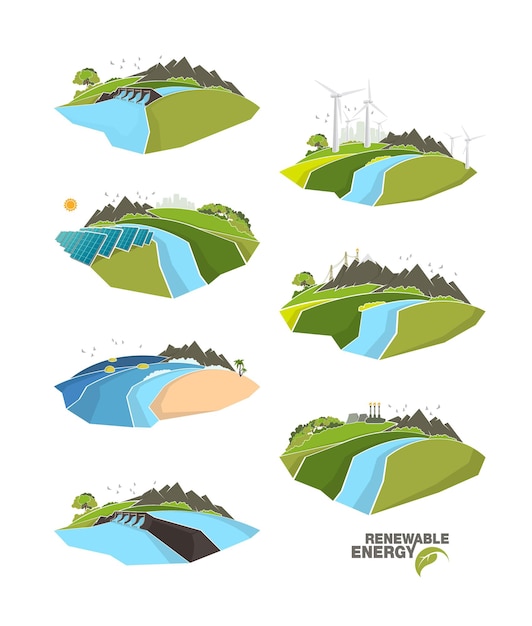 Infografia de energias renováveis com elementos da água, do vento do sol e da terra.