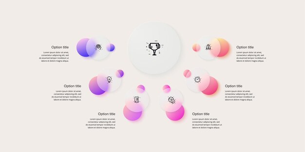 Infografia de gráfico de processo de negócios com círculos de 6 etapas. elementos gráficos de fluxo de trabalho corporativo circular. diapositivo de apresentação do fluxograma da empresa. gráfico de informação vetorial no design de glassmorphism.