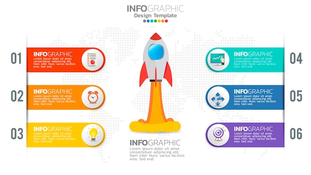 Infografia de inicialização de 6 etapas com lançamento de foguete. conceito de negócios e finanças.