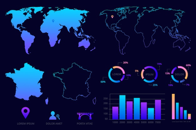 Infografia de negócios. mapa do mundo, mapa da frança, gráficos e símbolos.