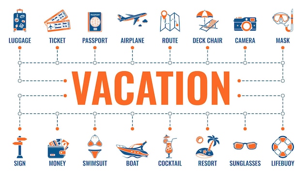 Infografia de tempo de férias e turismo com rota de ícones lisos de duas cores, bilhete, avião, coquetel e espreguiçadeira.