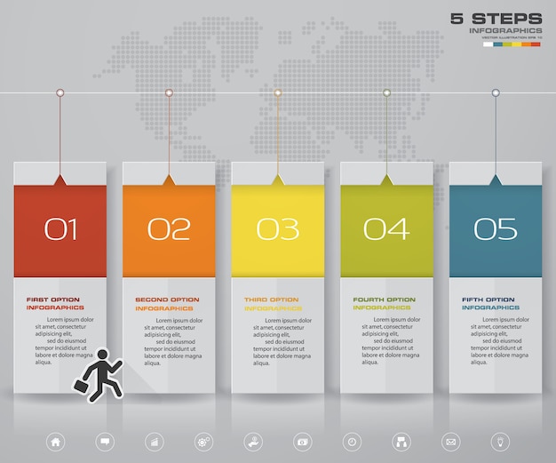 Infografia design com 5 etapas timeline para apresentação.