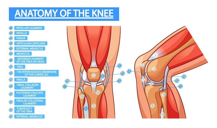 Vetor infografias vetoriais médicas detalhando a anatomia da articulação do joelho mostrando os ligamentos ósseos