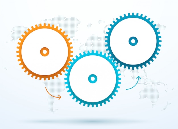 Infográfico 3d cogs com pontos mundo mapa volta cair