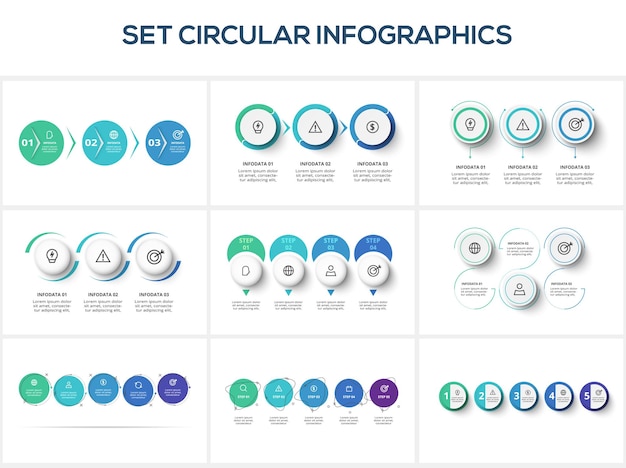 Infográfico circular com 3 4 5 etapas opções de peças ou processos visualização de dados de negócios