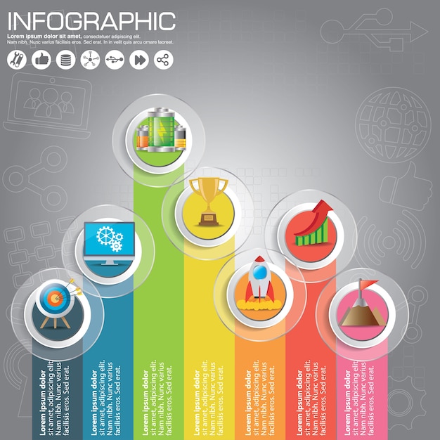 Infográfico colorido timeline com ícones e conceito de passos.