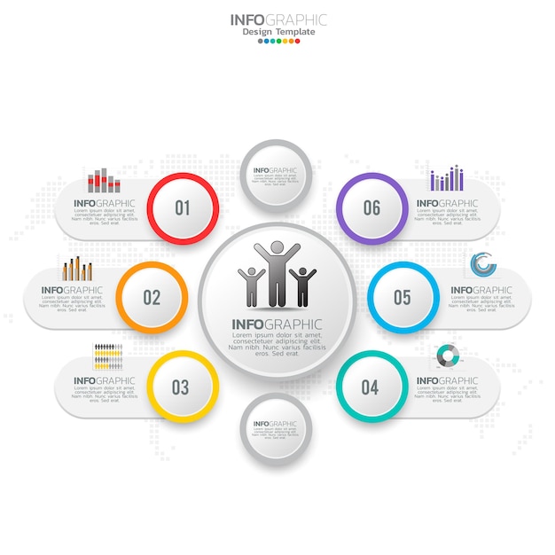 Infográfico com 6 etapas, opções, peças, etapas ou processos