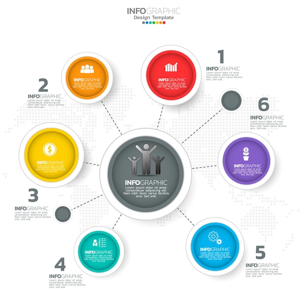 Infográfico com 6 etapas, opções, peças, etapas ou processos