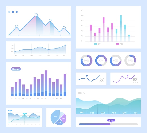 Infográfico conjunto de ilustração de cores. Gráficos de pizza de informações, digrama, pacote de elementos de design gráfico