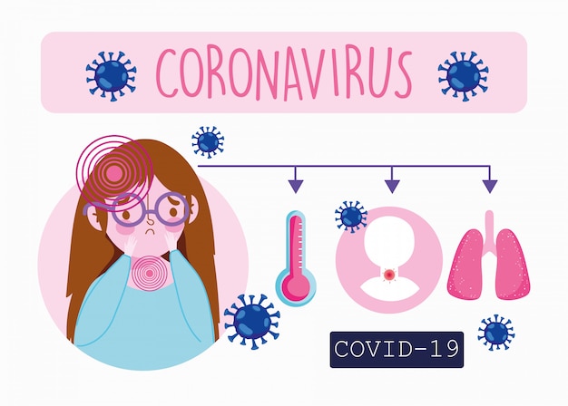 Vetor infográfico de 19 coronavírus covarde, paciente menina doente com sintomas tosse febre