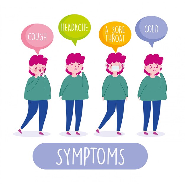Infográfico de 19 coronavírus, sintomas, tosse, dor de cabeça, dor de garganta e resfriado